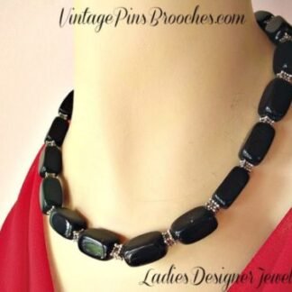 Vintage Black Onyx Necklace, Black Onyx Semi Precious Stone Necklace Necklaces, Ladies Women's Designer Fashion Jewelry, Bridal, Wedding, Special Occasion