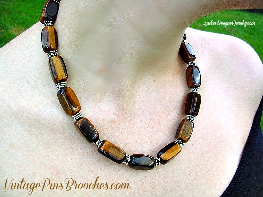 Vintage Brown Tigers Eye Necklace, Brown Tigers Eye Precious Stone Necklace Necklaces, Ladies Women's Designer Fashion Jewelry, Bridal, Wedding, Special Occasion