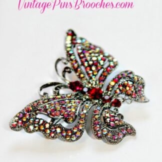 Retro Butterfly Brooch Pin Jewelry, Butterflies, Aurora Borealis Rhinestone Pink Red Butterfly Broach Pin, Wedding Bridal, Ladies Designer Fashion Jewelry