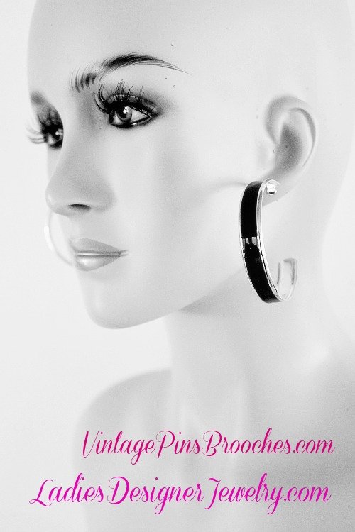 Vintage Black Pierced Hoop Earrings Bangle Bracelet Set, Women's Ladies Designer Jewelry Bracelets Earrings, Wedding Bridal Casual Dress