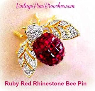 Crystal Ruby Diamond Rhinestone Bee Pin Brooch Jewelry, Ladies Designer Bee Fashion Pin Brooch, Bees, Vintage Bumble Bee Pin With Rhinestones