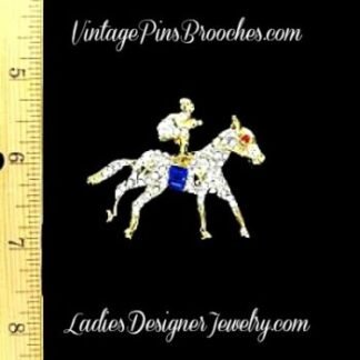 Vintage Blue Sapphire Horse Brooch Pin, Pave Diamond Rhinestone Crystal Horse Jockey Pins Brooches, Ladies Designer Vintage Fashion Pin Brooch Jewelry Horses