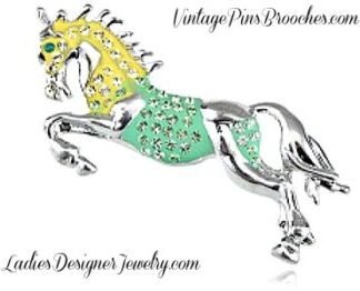 Large Jumping Stallion Pale Yellow Mint Green Horse Brooch, Equestrian Equine Horses Pins Brooches, Ladies Designer Jewelry