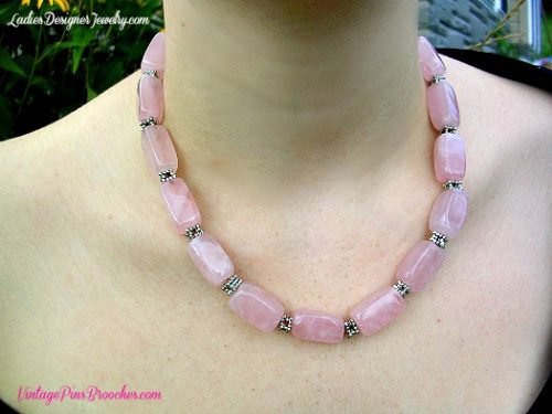 Vintage Pink Rose Quartz Gemstone Necklace, Semi Precious Necklaces, Bridal Love Weddings, Women's Ladies Designer Fashion Necklaces Jewelry