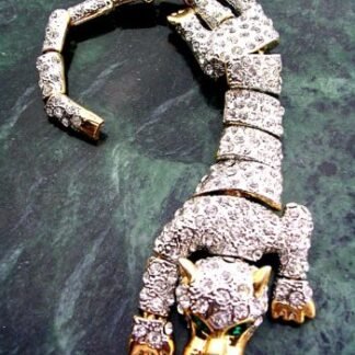 Vintage Pave Diamond Crystal Emerald Tiger Shoulder Pin Brooch, Ladies Designer Jewelry Tigers, Women's Vintage Brooches Pins