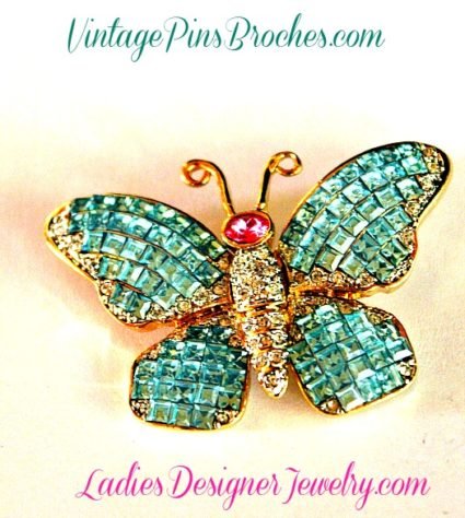 Vintage Turquoise Blue Emerald Cut Butterfly Rhinestone Brooch Pin, Butterflies Weddings Brides Bridal Hair Gowns Dresses, Ladies Designer Fashion Jewelry