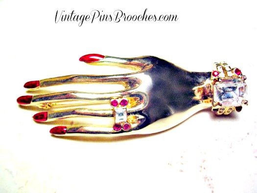 Vintage Art Deco Manicured Hand Brooch Pin, Red Finger Nail Cuff Brooch Pin, Deco Brooches Pins Jewelry, Wedding Bridal