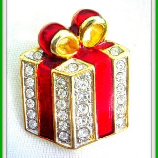 Vintage Rhinestone Christmas Present Brooch Pin Jewelry, Christmas Holiday Presents With Rhinestones, Estate Brooches Pins Jewelry Red Enamel