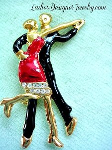 Vintage Rhinstone Ball Room Dancers Red Black Brooch Pin Dance, Formal Dancing Couple Pin 40B, Art Deco Brooch Brooches Pins Fashion Jewelry Dancers