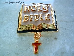 Holy Bible Pin Dangling Cross Enameled Black White Gold Plate Brooch, Vintage Holy Bible Pin Broach, Bibles