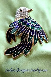 Vintage Gold-Plate Rare Crystal Diamond Rhinestone Bird Animal Brooch Pin, Birds Brooches Pins Jewelry, Huge Handpainted Blue Green Bird Pin 339