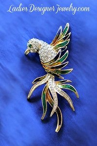 Vintage Gold-Plate Large Rhinestone Exotic Bird In Fight Brooch Pin, Birds Crystal Brooches Pins Jewelry