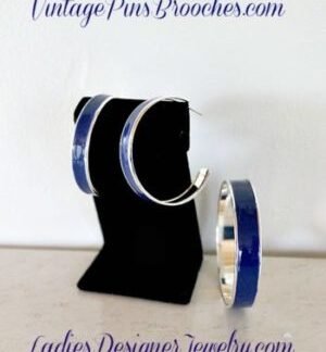 Vintage Navy Blue Enamel Bangle Bracelet Hoop Earring Jewelry Set, Vintage Pins Brooches, Ladies Women's Designer Fashion Jewelry Bracelets Earrings