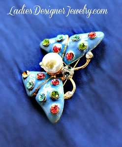 Butterfly Brooch Pin Blue Enamel Pearl Rhinestone Brooch Pin Jewelry, Butterflies Insect Brooches Designer Fashion Pins, Bridal Weddings