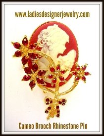 Ladies Vintage Cameo Designer Fashion Victorian Pin Brooch Red Rhinestones, Antique Style Cameo Pins, Women's Victorian Cameo Floral Designer Brooches Pins Fashion