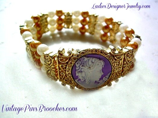 Vintage Victorian Silhouette Cameo Orange White Glass Beaded Bracelet, Ladies Designer Jewelry Bracelets, Purple White Cameos