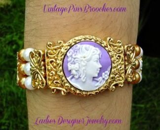 Vintage Victorian Silhouette Cameo Orange White Glass Beaded Bracelet, Ladies Designer Jewelry Bracelets, Purple White Cameos