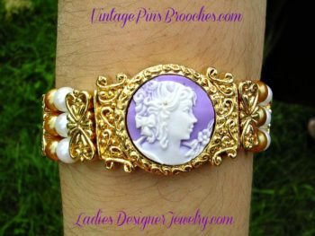 Vintage Victorian Silhouette Cameo Orange White Glass Beaded Bracelet, Ladies Designer Jewelry Bracelets, Purple White Cameos