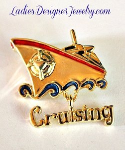 Vintage Handpainted Red Blue Cruise Ship Pin Brooch Cruising Jewelry, Vintage Cruise Ship Pin 84H, Gold Cruising Pin Ocean Liner