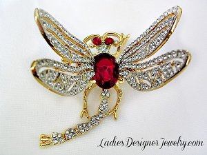 Tremble Articulated Dragonfly Pin Brooch Rhinestone Ruby Red Diamond, Dragonflies Insect Bug Fly Pins Brooches, Ladies Designer Fashion Jewelry, Large Dragonfly Pin Pave Rhinestones NJ