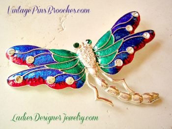 Vintage Dragonfly Brooches Pins, Rhinestone Red Green Blue Enameled Dragonfly Pin Brooch, Enamel Dragonfly Pin With Rhinestones, Ladies Designer Jewelry