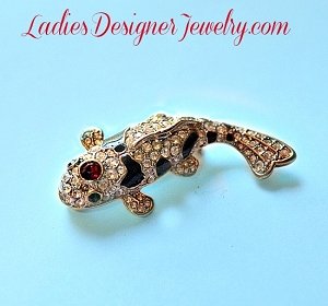 Vintage Gold-Plate Pave Diamond Crystal Rhinestone Jumping Fish Pin Brooch - Figural Handpainted Fish Pin Brooch Sealife Ocean Jewelry, Marine Life Fish Figural Pin Broach J33, Crystals Pave Diamond Fish Broche Pins