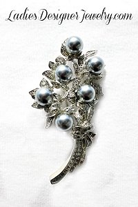 Vintage Grey Pearl Diamond Crystal Rhinestone Antique Silver Plate Flower Bouquet Brooch Pin - Floral Jewelry, ouquet Of Flowers Brooch Pin 948, flowers brooches pins vintage