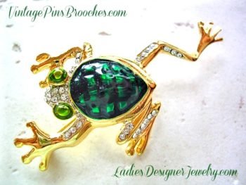 Frog Brooches Pins Vintage, Green Enamel Pave Rhinestone Crystal Frog Pin Brooch, Frogs, Ladies Women's Designer Fashion Jewelry