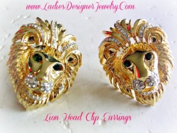 Gold Plate Vintage Lion Clip Diamond Emerald Rhinestone Earrings Jewelry Ladies, Apparel And Accessories, Rhinestone Designer Jewelry, Lion Head Clip Earrings, Lions