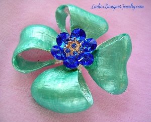 Ladies Large Silver Plate Rhinestone Vintage Hand Painted Mint Green Flower Pin Brooch, Flowers Burst Rhinestones Designer