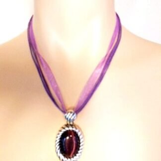 Vintage Purple Cabochons Lucite Cats Eye Necklace, Purple Victorian Ribbon Necklace Choker Pendants, Ladies Designer Jewelry, Women's Vintage Pins Brooches
