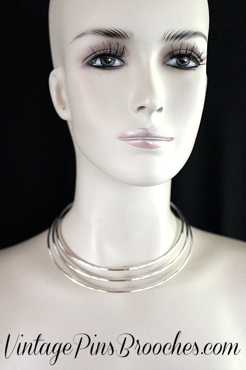 Vintage Ladies Designer Three Tier Torque Cuff Necklace, Vintage Pins Brooches, Women's Designer Fashion Necklaces Bridal Weddings Jewelry