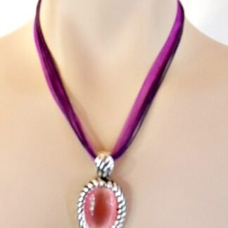 Vintage Pink Cabochon Lucite Victorian Oval Pendant Necklace, Purple Ribbon Pendant Necklace, Women's Ladies Designer Fashion Jewelry Necklaces