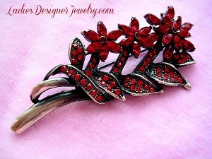 Vintage Ruby Red Garnet Rhinestone Flower Pin Brooch Bouquet Flowers, Flower Pins Brooch Silver Plate Jewelry
