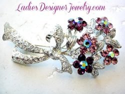 Vintage Aurora Borealis Iridescent Purple Amethyst And Lavender Purple Rhinestone Gold-Plate Flower Bouquet Brooch Pin - Floral Jewelry. Measurements, Flowers Wedding Bridal Brides Hair Accessory