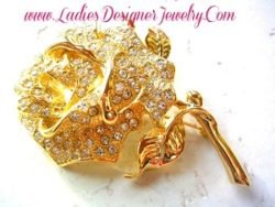 Vintage Large Crystal Diamond Rhinestone Rose Pin Brooch Jewelry, Roses Gold Plate Brooches Pins Flowers, Wedding Bridal Brides Hair Accessory Gown by Vintage Pins Brooches Designer Jewelry For Women