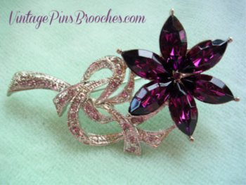 Vintage Amethyst Purple Marquis Flower Brooch With Rhinestones, Diamond Amethyst Vintage Flower Brooches Pins, Ladies Women's Designer Fashion Estate Flower Jewelry