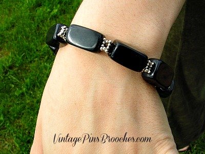 Vintage Black Silver Tone Black Onyx Semi Precious Bracelet, Black Onyx Gemstone Bracelet Bracelets, Ladies Women's Designer Fashion Jewelry, Weddings, Church, Dress, Formals
