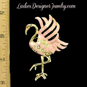 Vintage Large Gold Plate Pink Enamel Rhinestone Flamingo Brooch Pin Jewelry