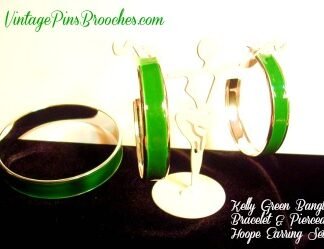 Ladies Vintage Kelly Green Enamel Bangle Bracelet Pierced Hoop Earring Set, Ladies Designer Jewelry, Bracelets, Hoop Earrings Woman Bridal Weddings Church Fashion Designer