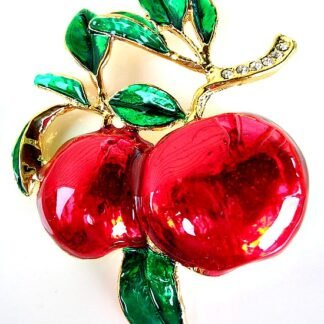 Vintage Red Enamel Cherry Branch Pin Brooch With Diamond Rhinestones, Cherries Fruit Brooches Pins Rhinestones, Ladies Women's Designer Fashion Jewelry Estate
