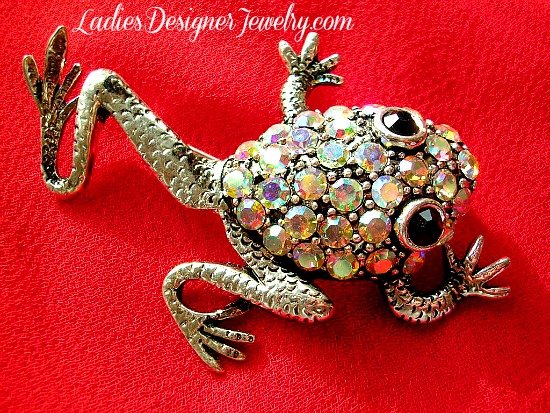 Ladies Vintage Frog Pin Brooch With Rhinestones, AB Crystal Frog Brooches Pins Jewelry, Frogs Toads, Ladies Women's Designer Fashion Jewelry