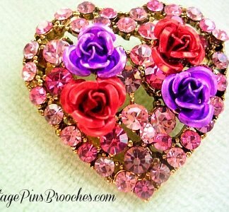 Pink Sapphire Rhinestone Red Pink Purple Handpainted Rhinestone Heart Brooch Pin, Heart Brooches And Pins With Rhinestones, Bridal Weddings Fashion Designer Ladies Jewelry