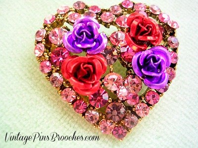 Pink Sapphire Rhinestone Red Pink Purple Handpainted Rhinestone Heart Brooch Pin, Heart Brooches And Pins With Rhinestones, Bridal Weddings Fashion Designer Ladies Jewelry