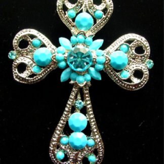 Vintage Large Turquoise Aqua Marine Rhinestone Crucifix Pin Brooch Pendant Combo, Christian Catholic Crosses Crucifix Estate Jewelry For Women Ladies