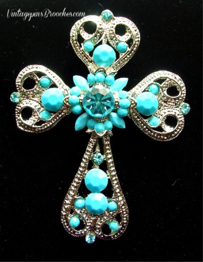 Vintage Large Turquoise Aqua Marine Rhinestone Crucifix Pin Brooch Pendant Combo, Christian Catholic Crosses Crucifix Estate Jewelry For Women Ladies