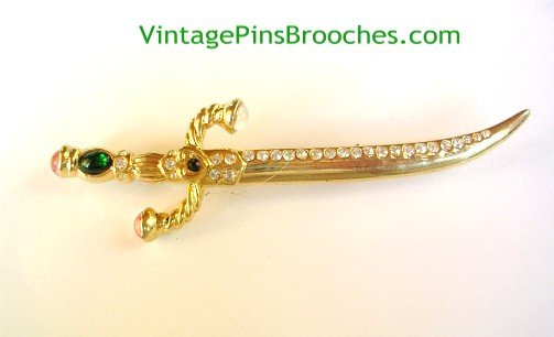 Vintage Rhinestone Green Opal Sword Pin Brooch, King Pirate Swords Weapons Costumes, Ladies Designer Jewelry Brooches Pins, Christian Religious Sword Pin Brooch