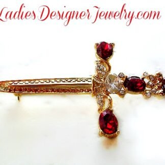 Vintage Diamond Ruby Red Rhinestone Sword Pin Brooch, King Pirate Swords Weapons Costumes, Ladies Designer Jewelry Brooches Pins, Christian Religious Sword Pin Brooch
