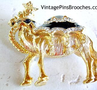 Vintage Black Enamel Rhinestone Gold Plate Camel Brooch Pin, Egyptian Camel Brooches Pins Rhinestones, Camels, Animal Brooches, Ladies Designer Jewelry, Estate Pin Brooch