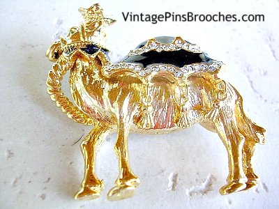Vintage Black Enamel Rhinestone Gold Plate Camel Brooch Pin, Egyptian Camel Brooches Pins Rhinestones, Camels, Animal Brooches, Ladies Designer Jewelry, Estate Pin Brooch